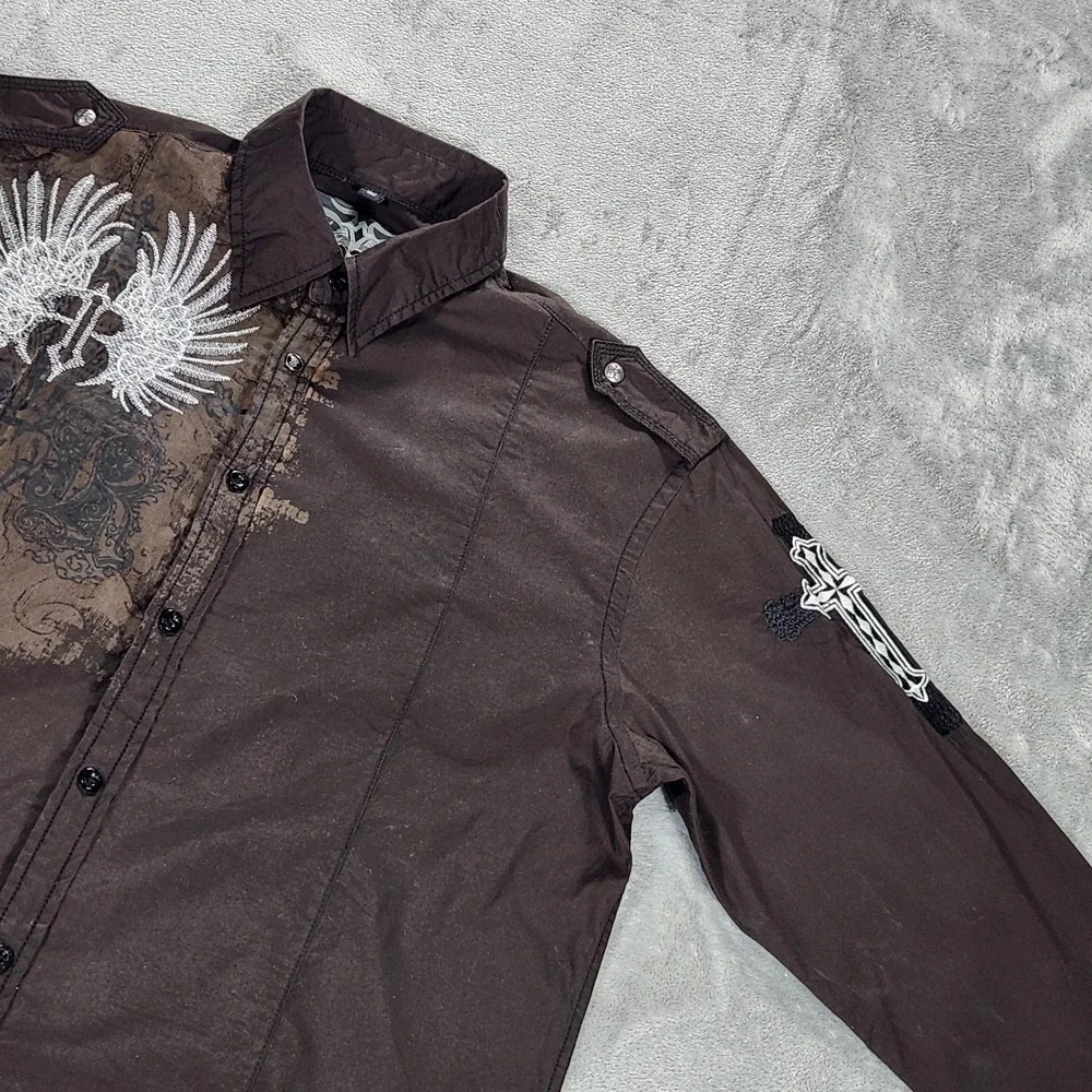 Roar Shirt Mens Large Brown Gothic Wings Cross Long Sleeve Button Up Embroidered